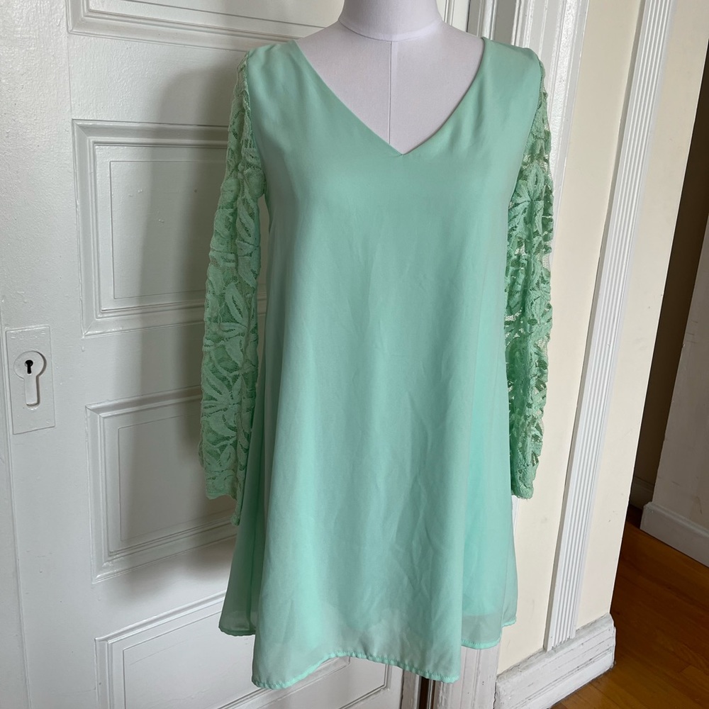 mint green / cool green dress with lace sleeves, size small